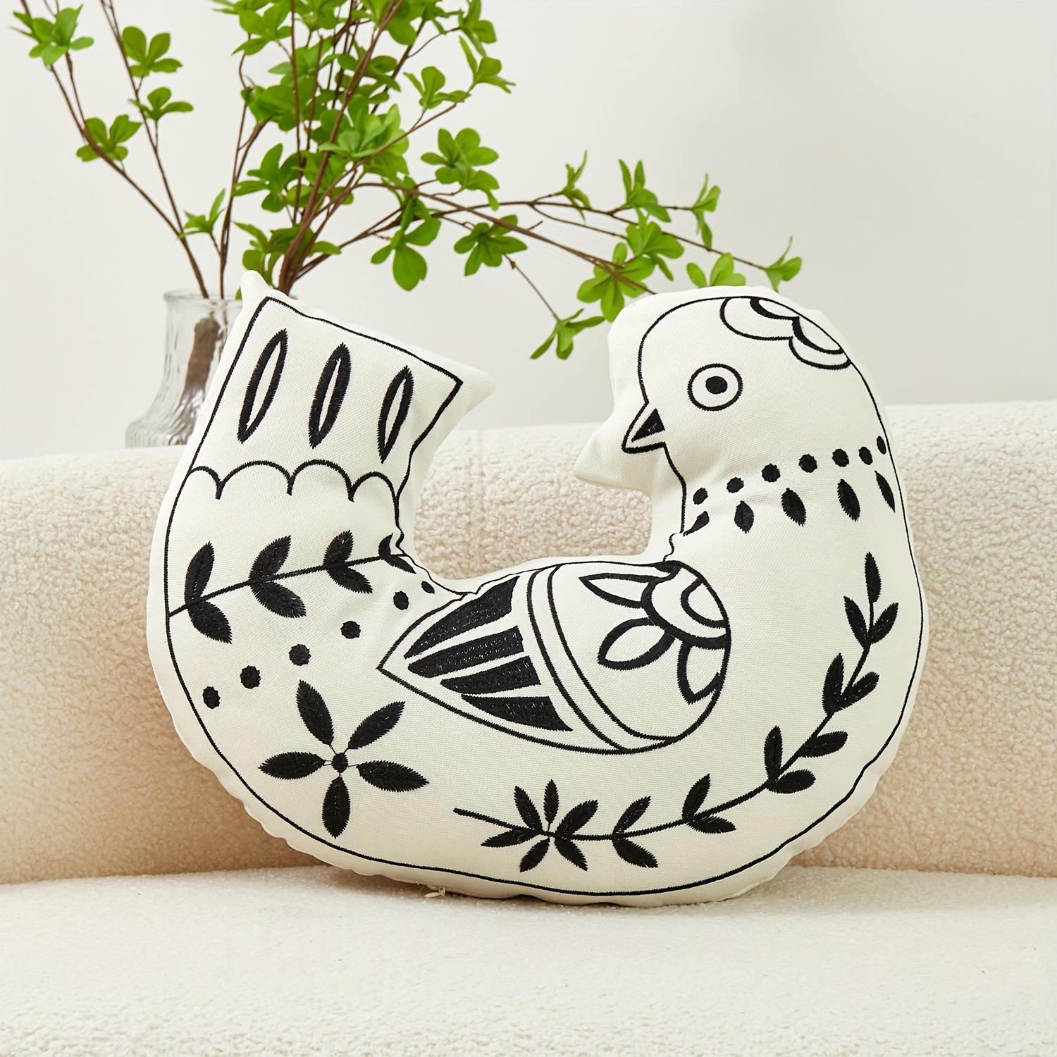 Contemporary Embroidered Bird-Shaped Throw Pillow Cover, Decorative Indoor Cushion with Zipper Closure, Machine Washable Polyester, Woven Patterned Design for Various Room Types