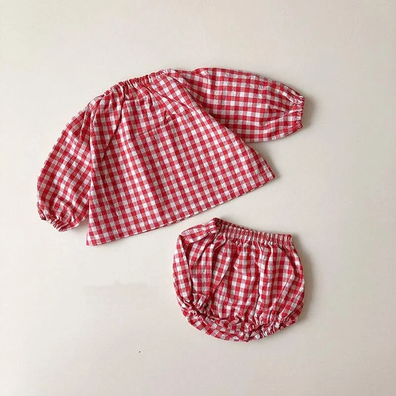 2021 Baby Clothing Plaid Full Sleeve Shirt and Bloomer 2pcs Boys Clothes Set Fashion Toddler Girls Set