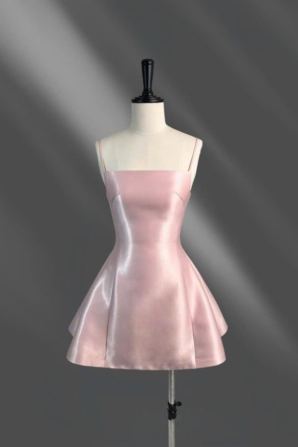 Lussooy Pink Satin Elegant Spaghetti Strap Sleeveless Short Homecoming Dress     