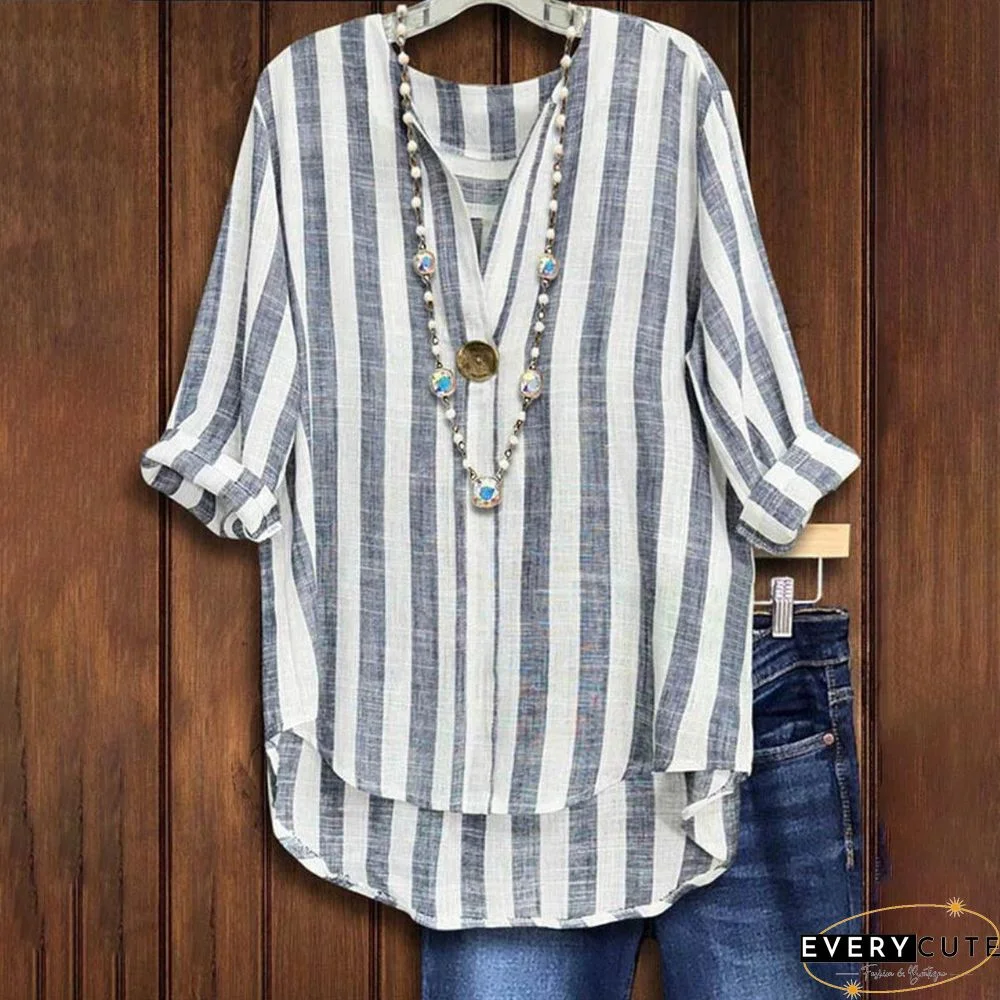 Grey Striped V-Neck Top