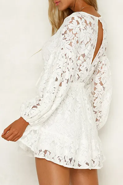 Elegant Solid Frenulum Backless V Neck Lace Dress Dresses