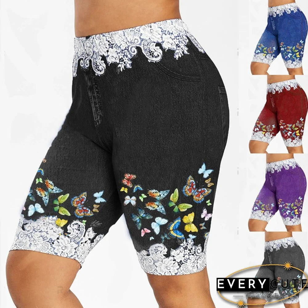 5 Colors Hot NEW Women's Fashion Plus Size Denim Leggings Summer Butterfly Printed Fitted Leggings Short Pants Plus Size S-5XL