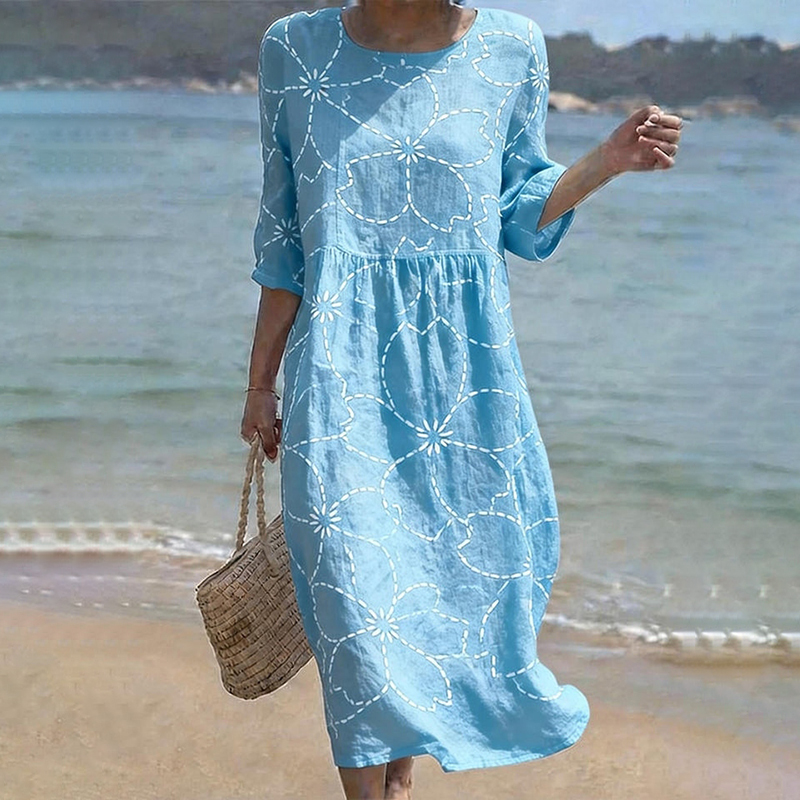 Women's Casual Round Neck Mid Sleeve Print Cotton And Linen Dress wearshes
