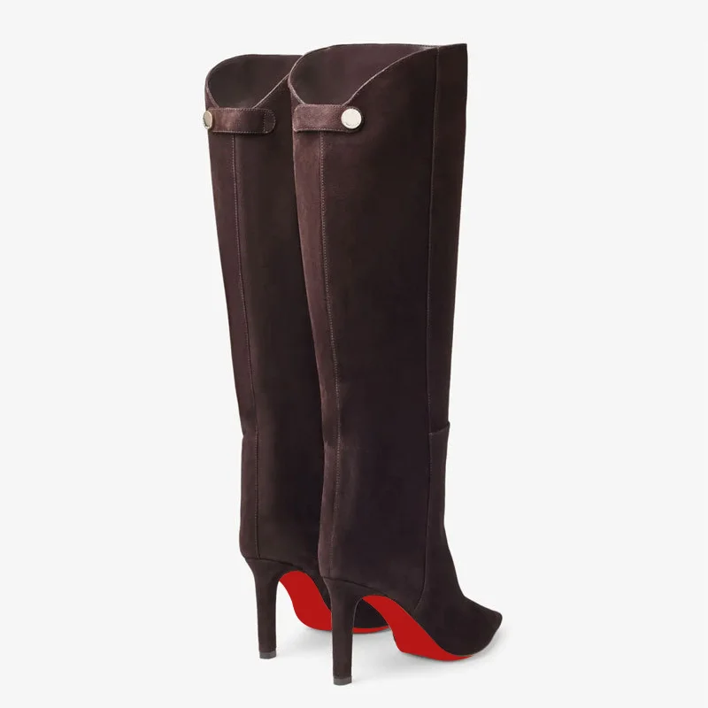 95mm Women's Pointed Toe Stiletto Heel Knee Red Bottom Boots-MERUMOTE