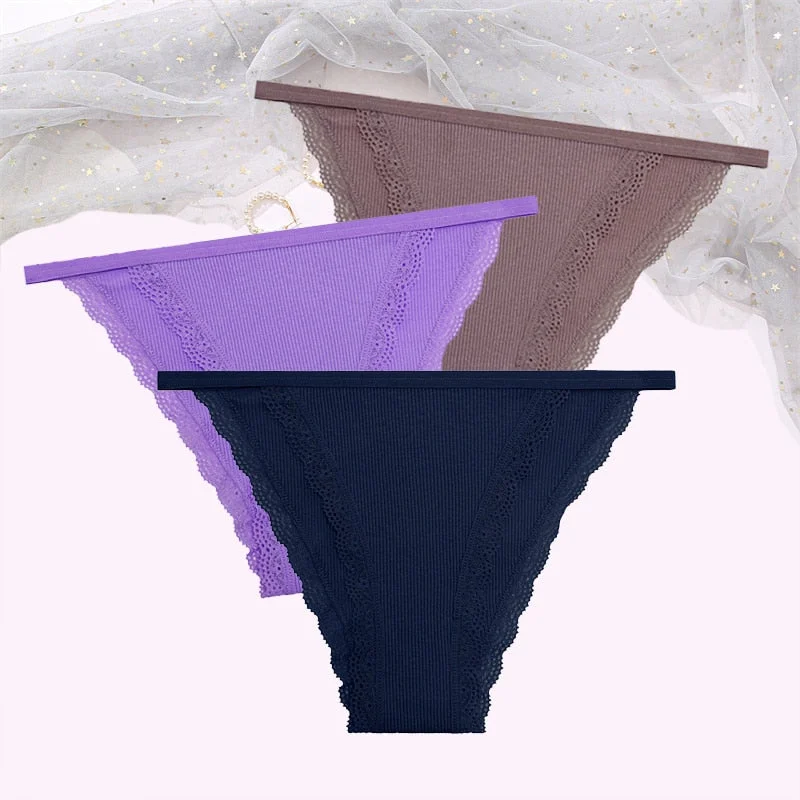 FINETOO Women's Cotton Panties 3Pcs/set Lace Briefs S-XL Comfortable Underwear Ladies Cotton Underpants Soft Panty Intimates New