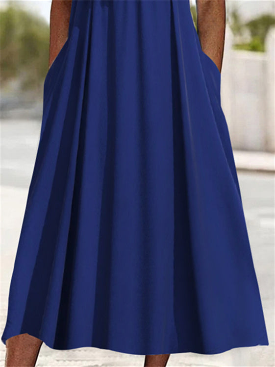 Women Half Sleeve V-neck Solid Color Dress