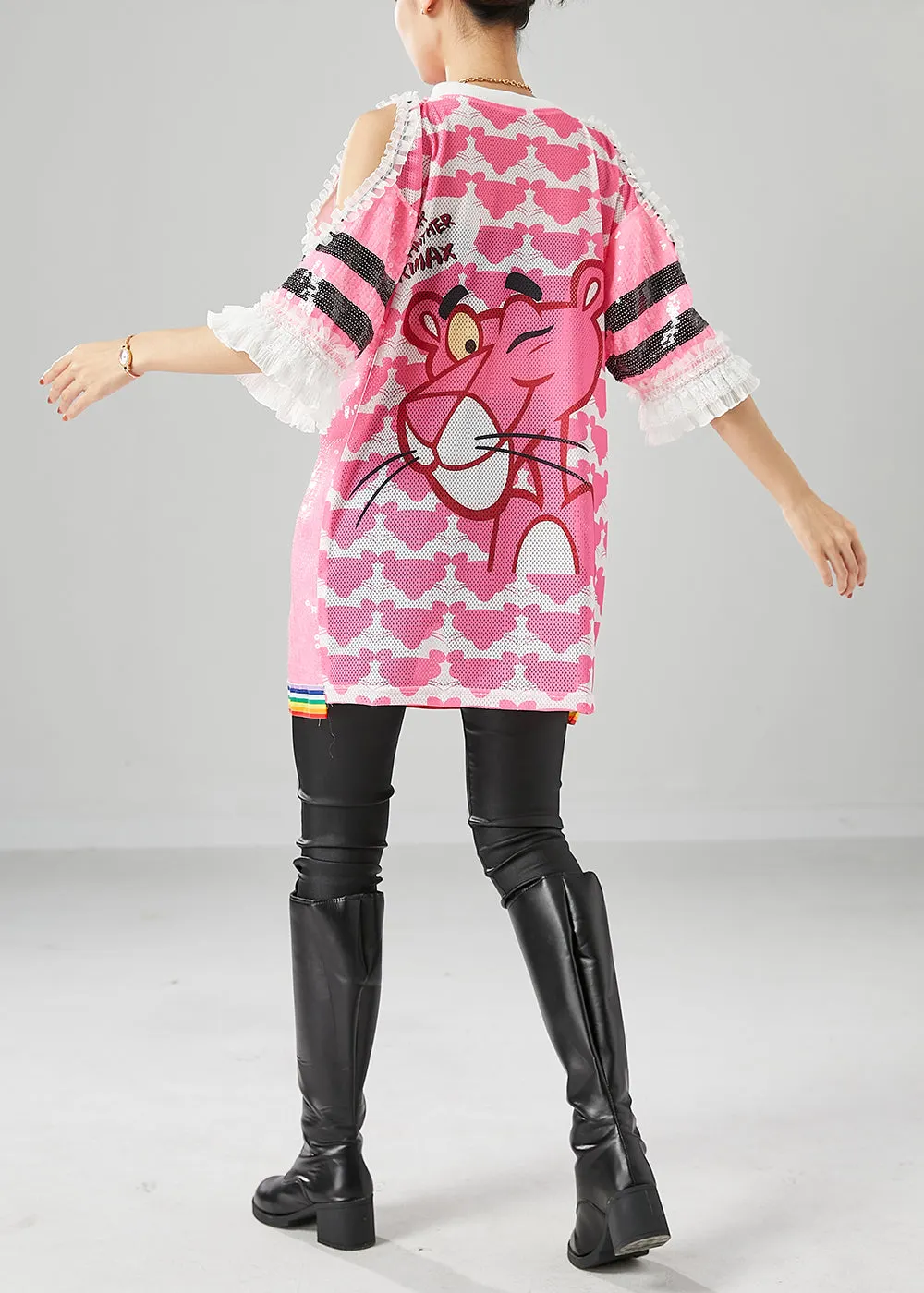 Pink Cartoon Tank Tops Cold Shoulder Sequins Summer