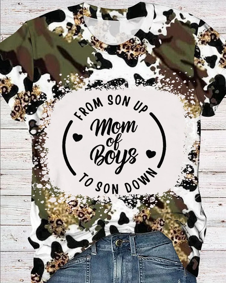 Mom Of Boys Print Round Neck Short Sleeve T-shirt