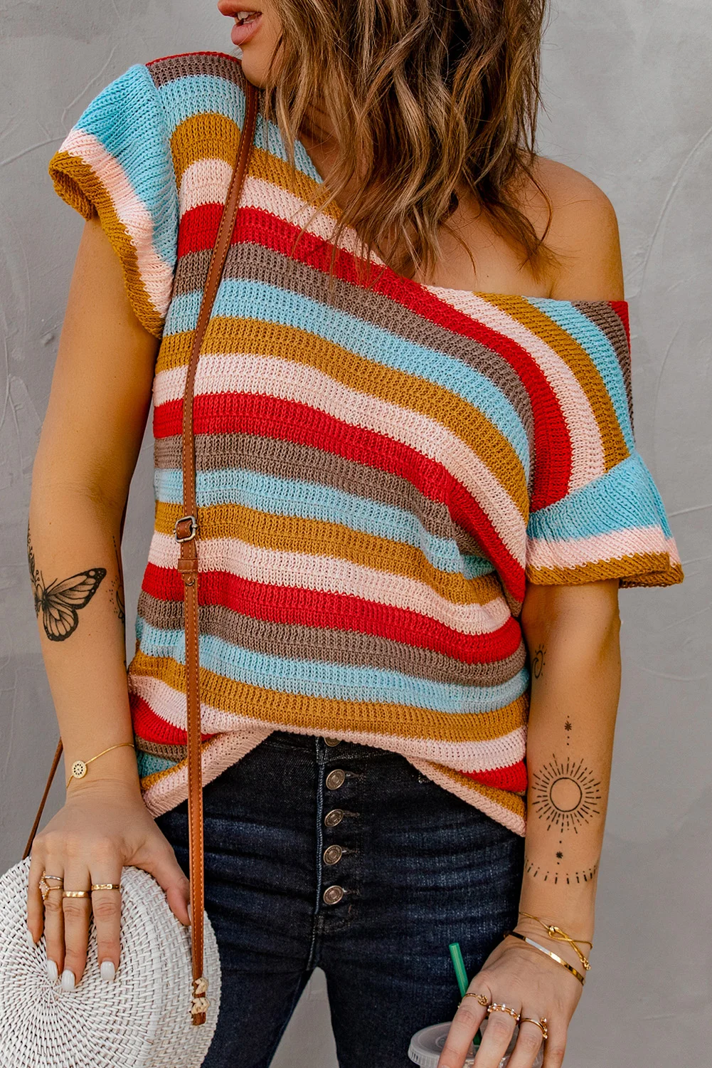 Multi-color Striped Ruffle Short Sleeve Knit Top | IFYHOME