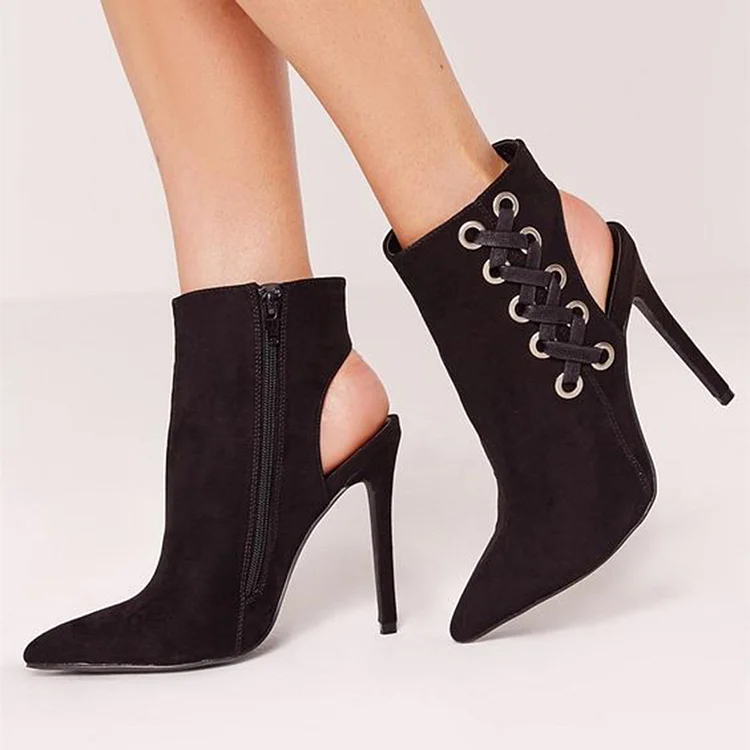 Black Vegan Suede Ankle Boots Women's Stiletto Heel Slingback Shoes |FSJ Shoes