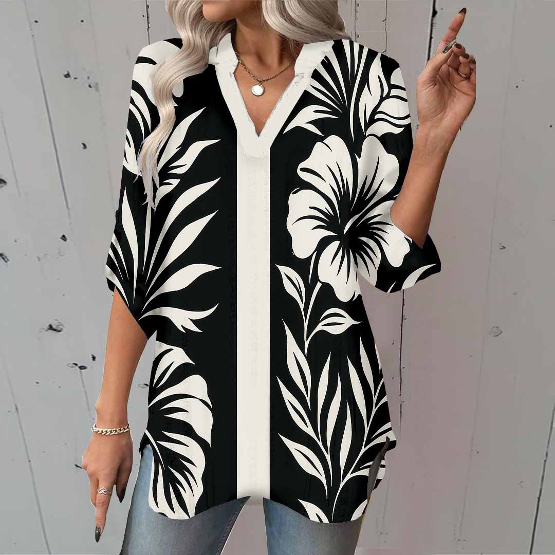 Women Tropical, Geometric, Black, White DZGA0069 3/4 Sleeve V-neck Printed Graphic Button Tops