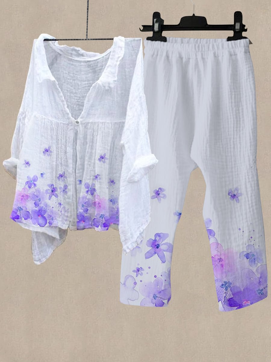 Women's Purple Flower Print Shirt Collar Top And Casual Pants Linen Two Pieces