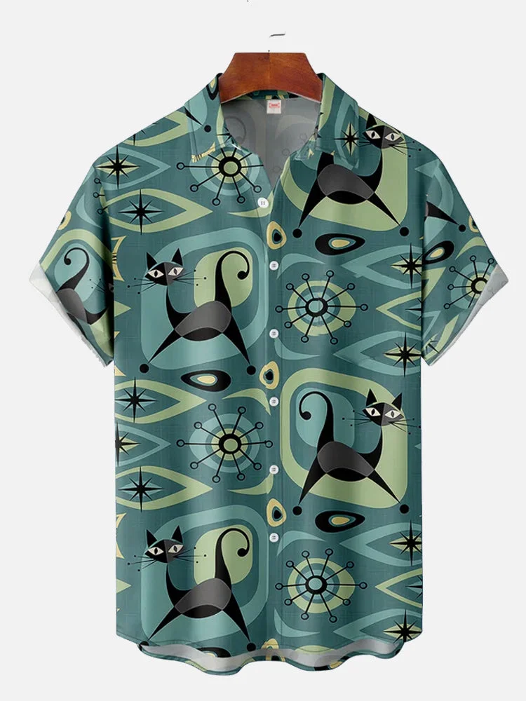 Vintage OliveDrab Atomic Age Black Cats And Geometric Pattern Printing Short Sleeve Shirt
