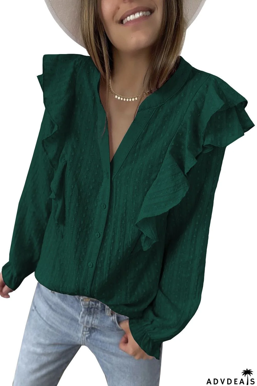 Dotted Texture Sheer Ruffles Bubble Sleeves Shirt