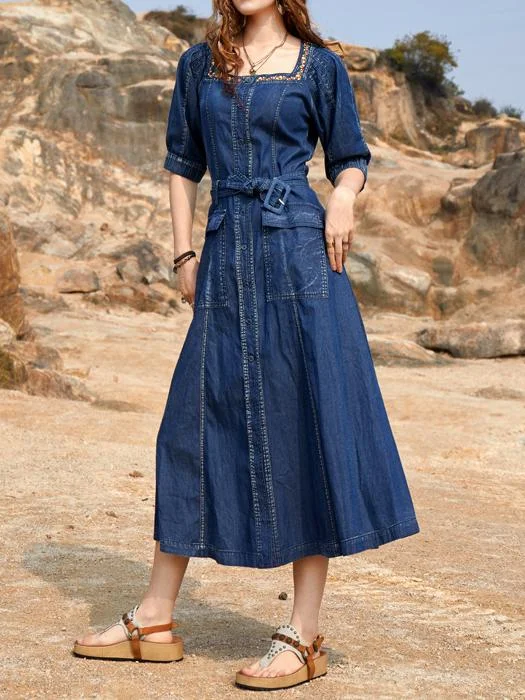 Women's Denim Embroidered Half Sleeve Square Collar Maxi Dress