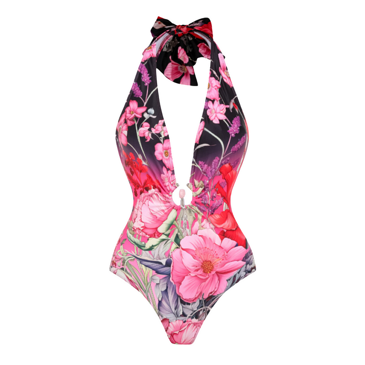 Deep V Neck Halter Printed One Piece Swimsuit and Sarong