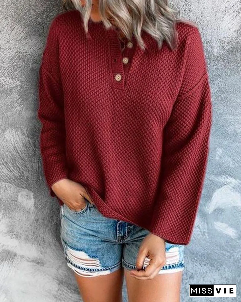 Comfy Cozy Sweater Drop Shoulder Button Up Knitting Top