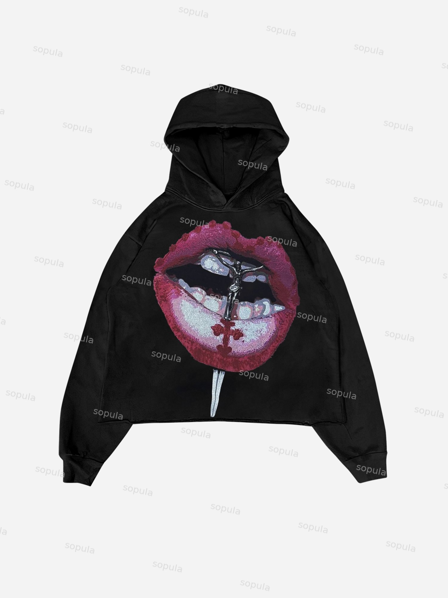 Faith Lips Cross Graphic Cropped Hoodie - Sopula｜Premium Graphic Tees & Graphic Clothing