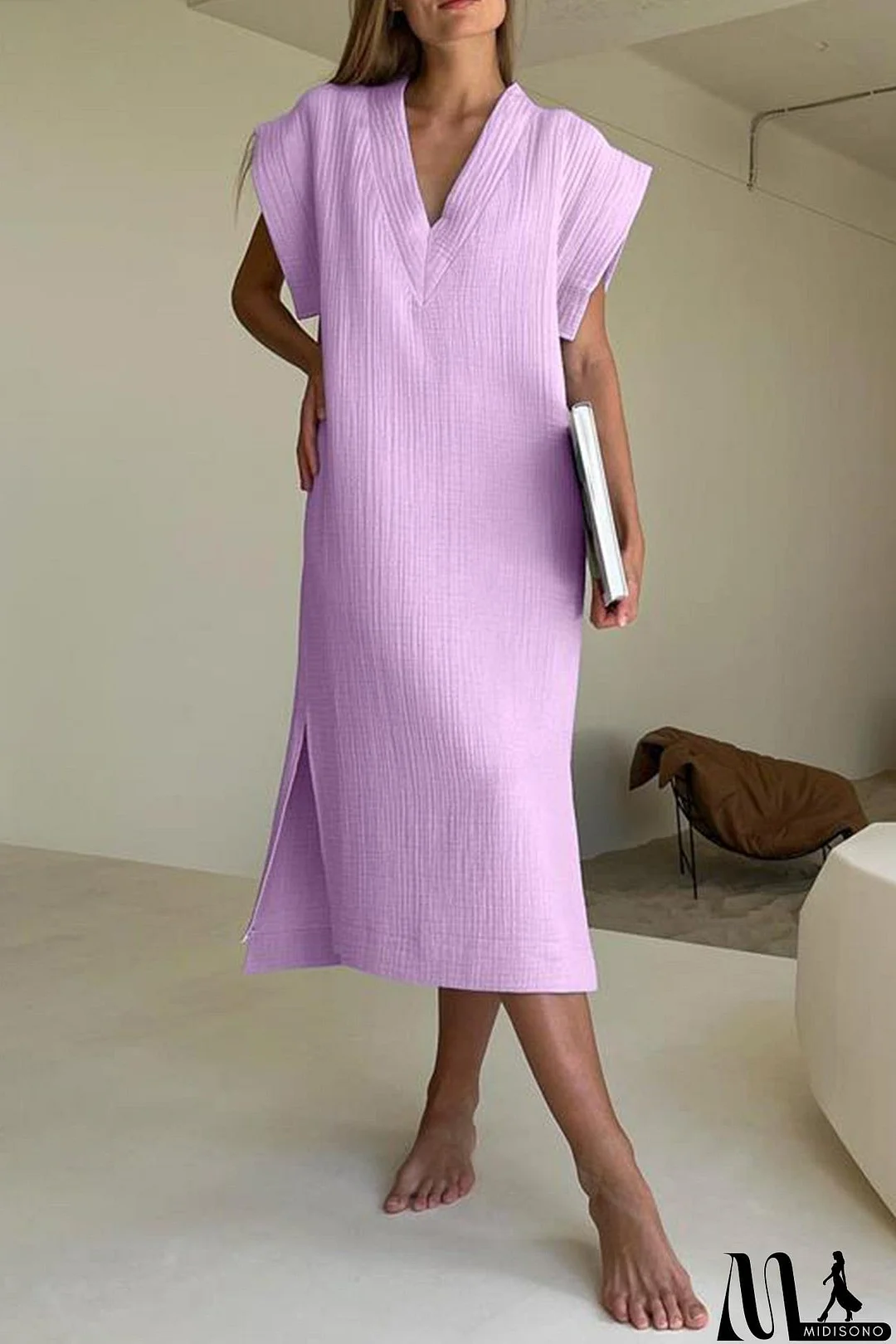 MidiSono - V Neck Solid Side Slit Cotton Dress