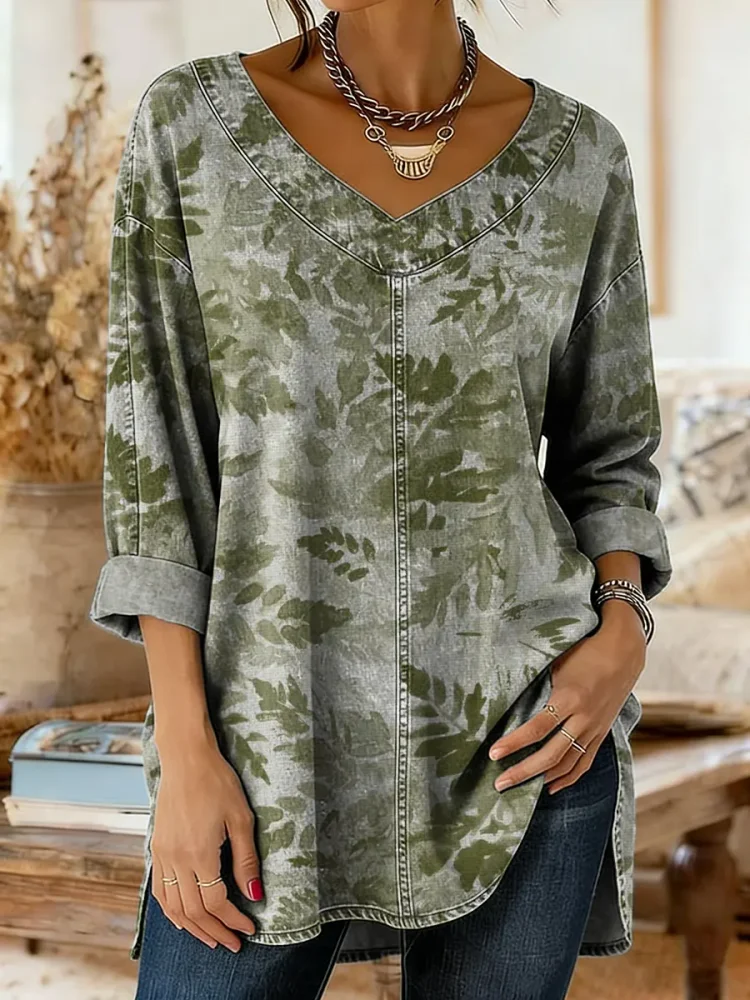 Ethnicity Green Leaves Women's Art Print Casual Washed Denim Cotton Top