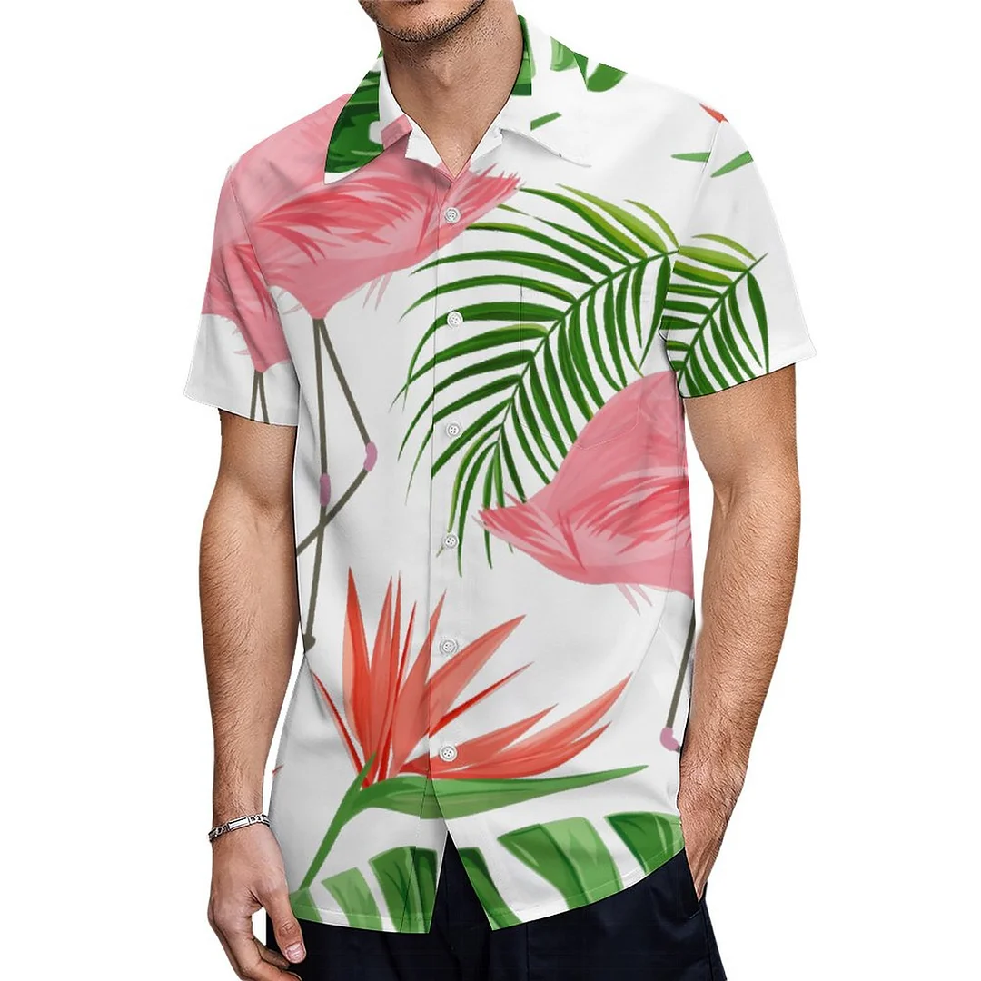 Short Sleeve Flamingos Tropical Leaves Floral Hawaiian Shirt Mens Button Down Plus Size Tropical Hawaii Beach Shirts