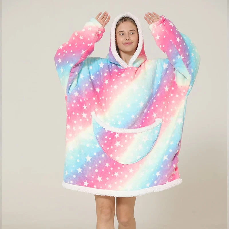 Sherpa Blanket Hoodie Family Oversized Homewear Fleece Warm Thick Girls Sleepwear Cartoon Printed Hoody Sweatshirt TV Blanket