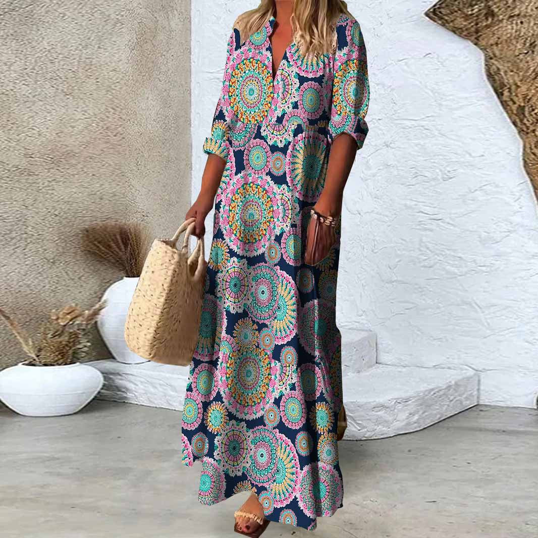 Women Pink, Floral, Retro DZDN0865 SPU Printed Long Sleeve V-neck Maxi Dress