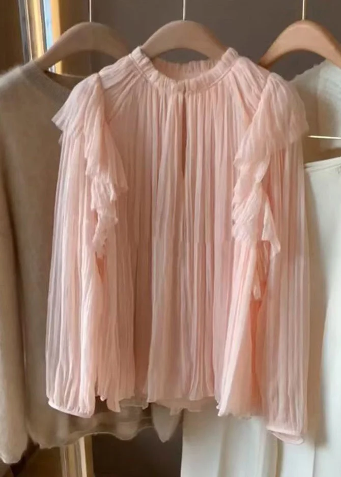 Elegant Pink Ruffled Solid Patchwork Chiffon Tops Long Sleeve