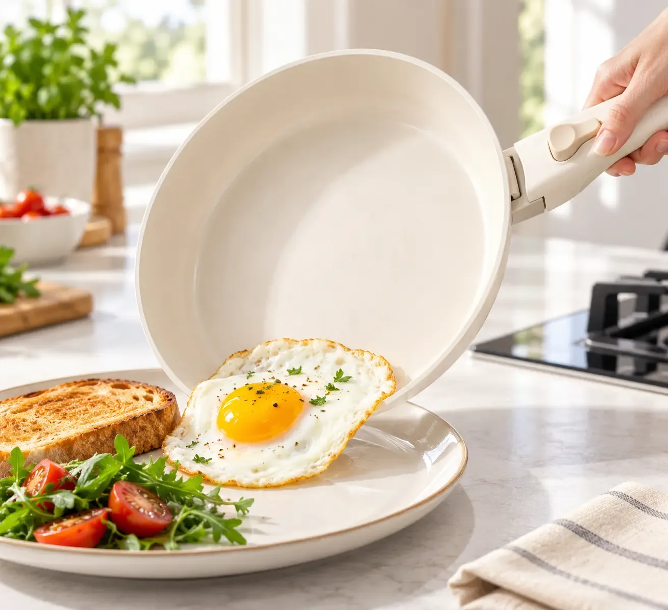 Egg sliding from a cream ceramic pan with removable locking handle