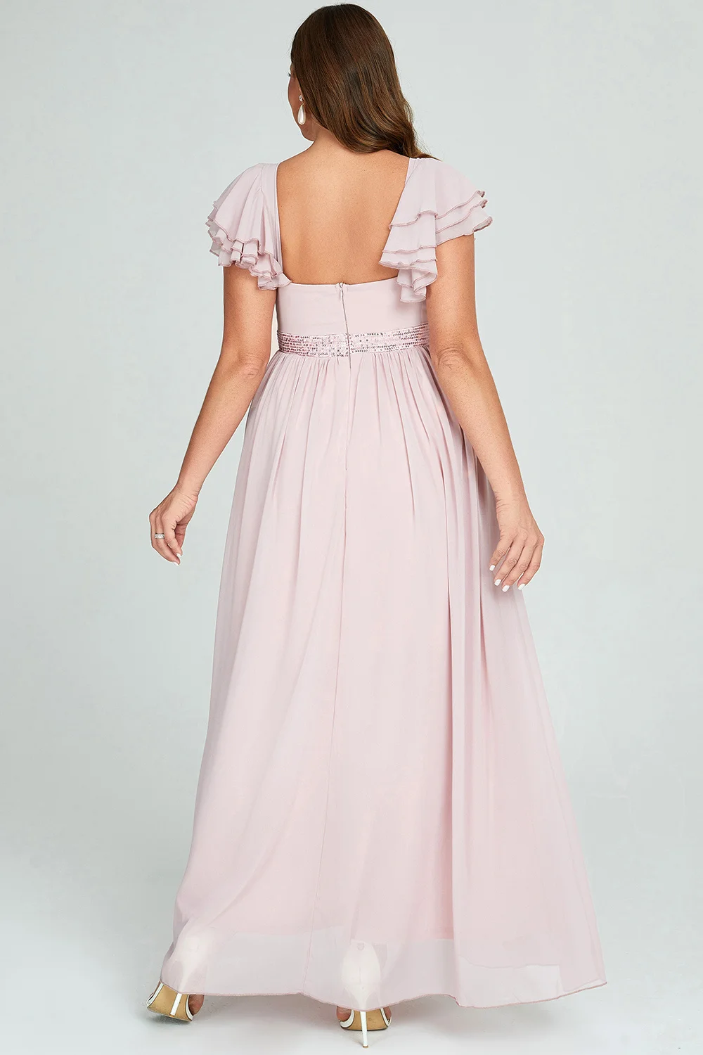 Flycurvy Plus Size Semi Formal Light Pink Chiffon Layered Ruffled Square  Neck Maxi Dress- Flycurvy