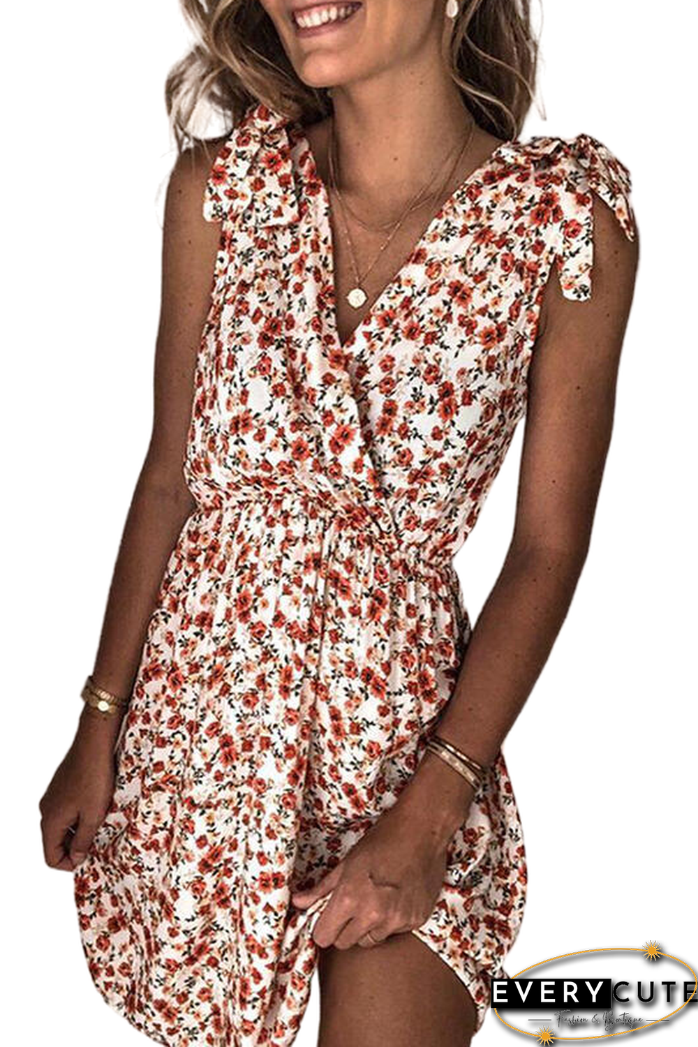Surplice V Neck Tied Shoulders Floral Mini Tunic Dress