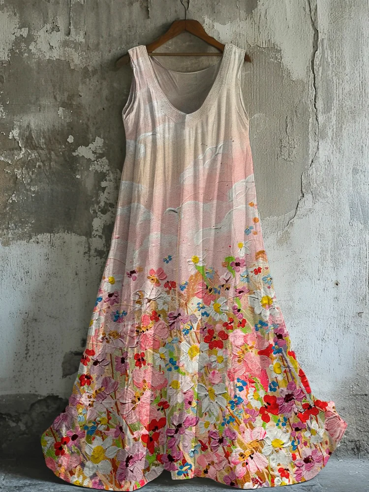 Utbros Vintage Oil Painting Floral Art Women's Linen Vest Dress