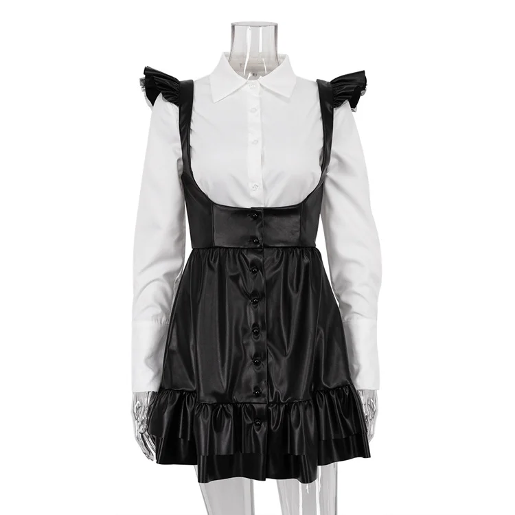 Churchf Churchf Women's Fall 2023 New Black And White Color Suit Long-Sleeved Shirt Sling Skirt Two-Piece Set