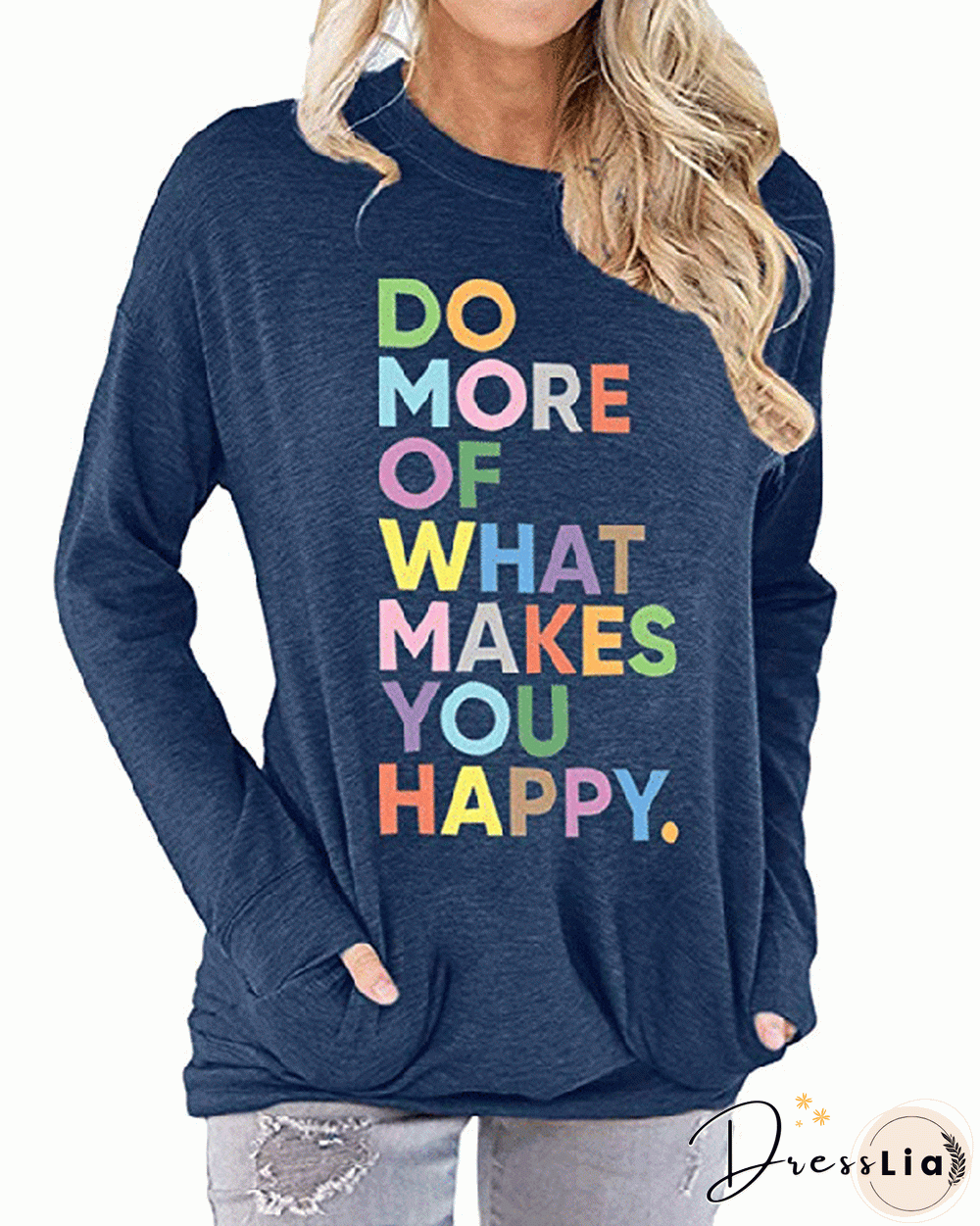 Colorful Letters Printed Pocket Round Neck Long Sleeve T-shirt