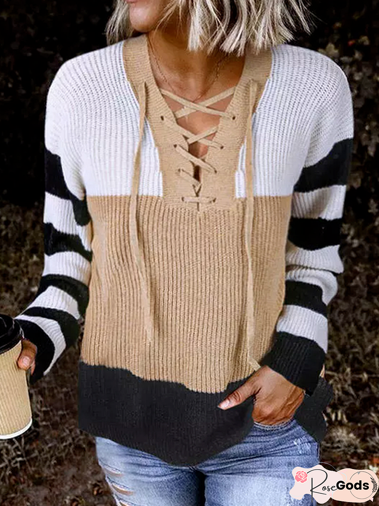 Geometric Casual Autumn V Neck Micro-Elasticity Daily Long Sleeve H-Line Regular Sweater For Women