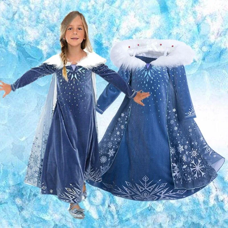 Long Sleeve Girls Christmas Dress Princess Dress up Halloween Party Gown Cartoon Character Cosplay Costume for Kids Children