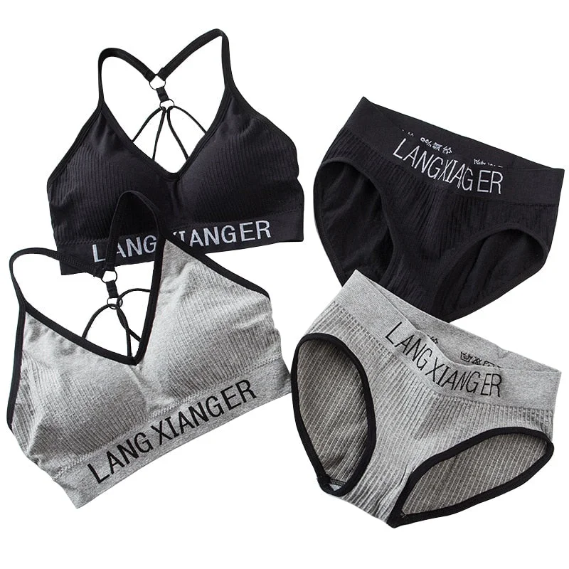 New Women's Cotton For Underwear Set Letter Sports Bra  Seamless Female Underwear Comfort No Steel Ring Suit Solid Color Chest