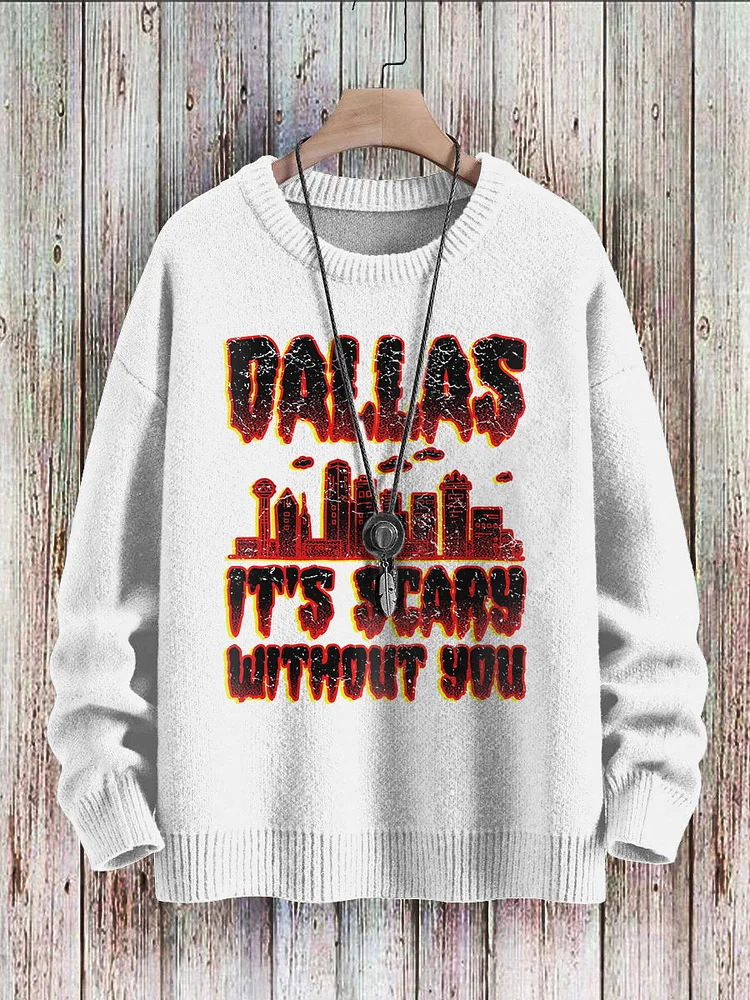 Men's Retro Dallas It's Scary Without You Print Knit Sweater