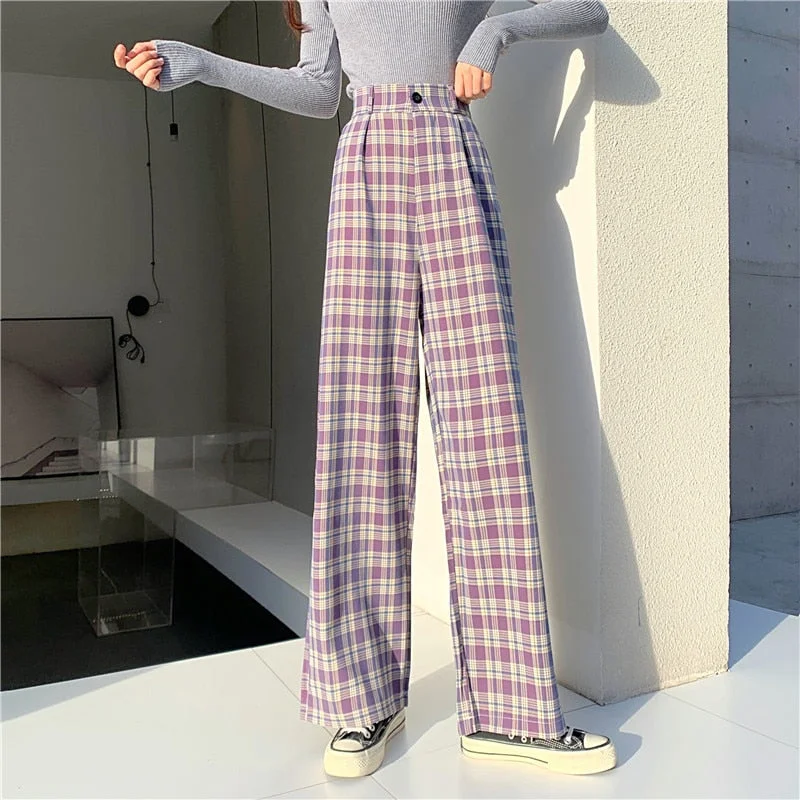 Zoki Plaid Women Pants Elastic High Waist Korean Fashion Plus Size Loose Spring Ladies Full Straight Pants Casual Trousers S-4XL