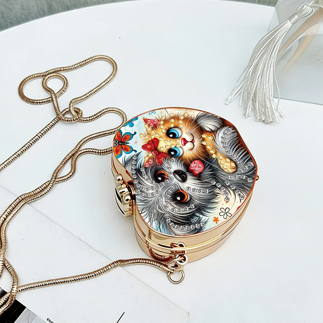 Cats and Dogs DIY Acrylic Love Diamond Art Painting Card Case Wallet with Chain Small Diamond Painting Crossbody Bag for Adults Women Girls Gift