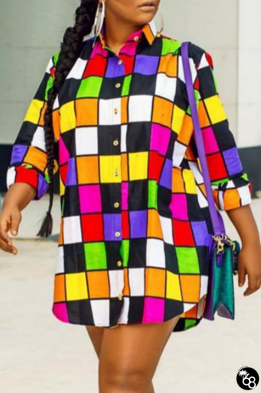 Casual Print Patchwork Turndown Collar Shirt Dress Dresses | 168DEAL