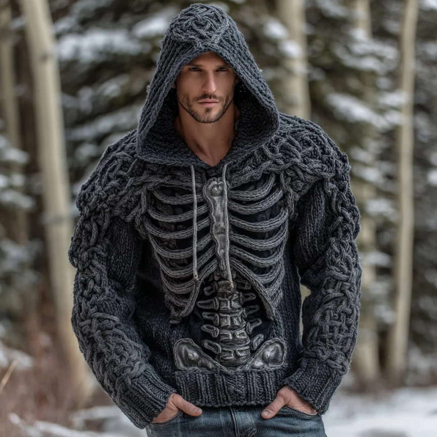 Men's Retro Viking Tribal Celtic Skull Art Knit Jacquard Warm Sweater