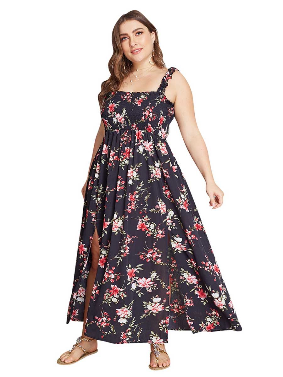 Plus Size Dress Pleated Side Split Sling Dress