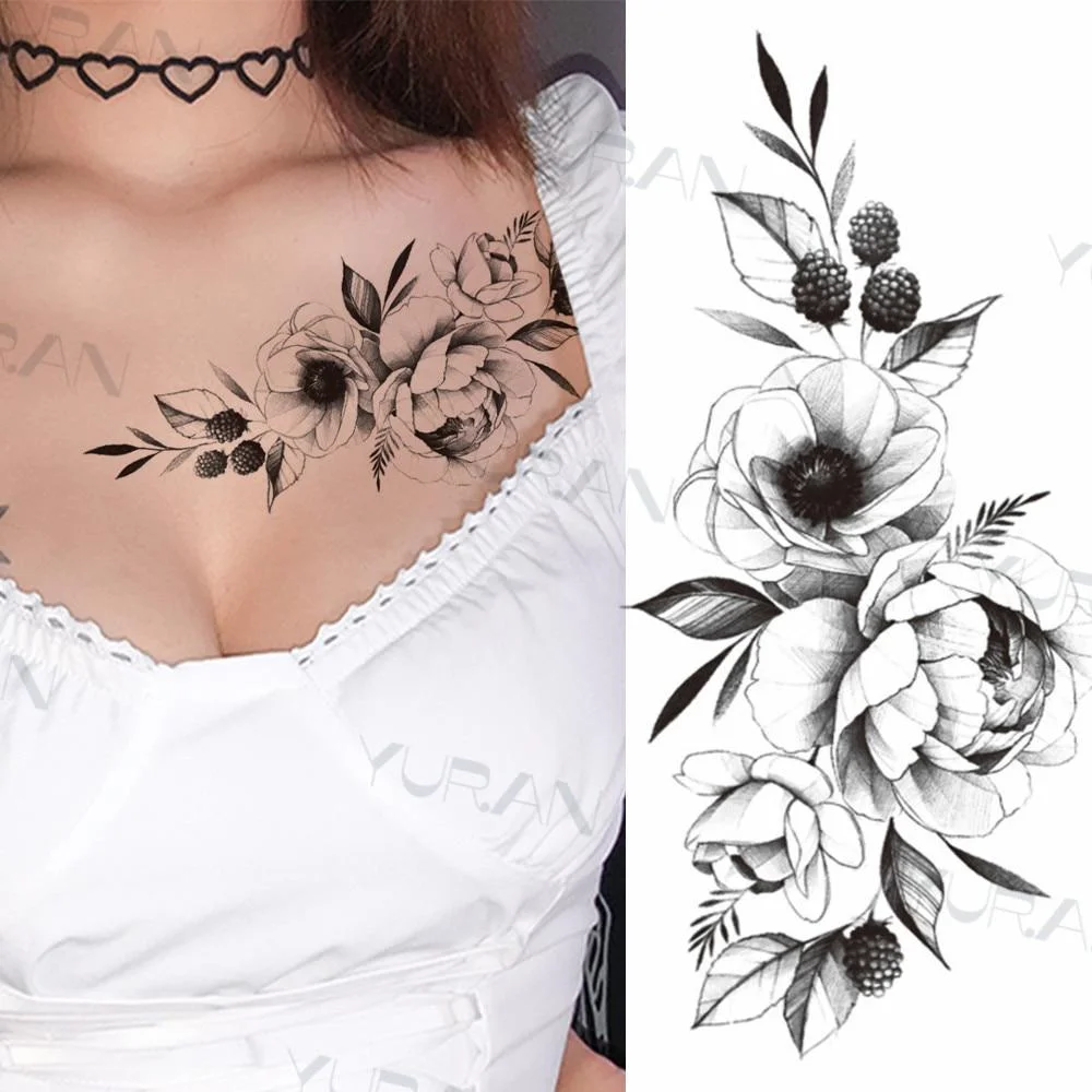 Black Large Snake Flower Fake Tattoo Sticker For Women Dot Rose Peony Temporary Tattoos DIY Water Transfer Tatoos Girls 1029