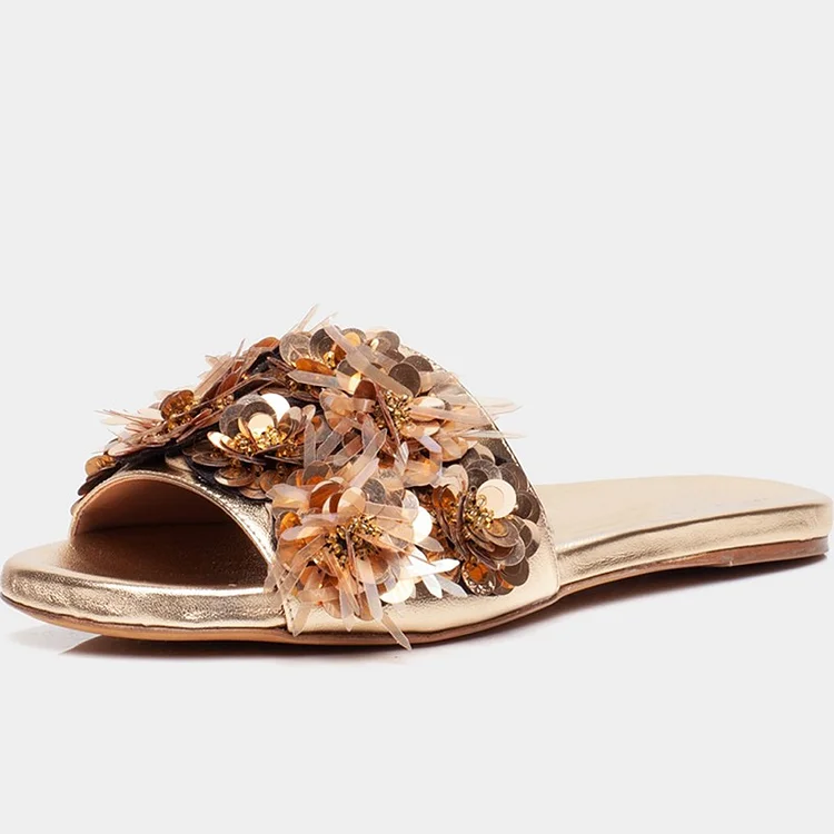 Gold Sequined Flats Women's Slide Sandals |FSJ Shoes