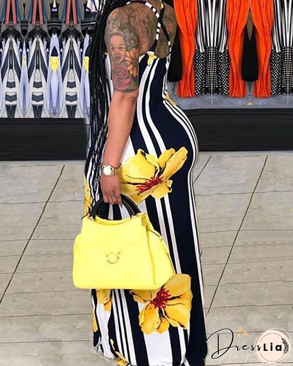 Sexy Floral Print Striped Bodycon Maxi Dress