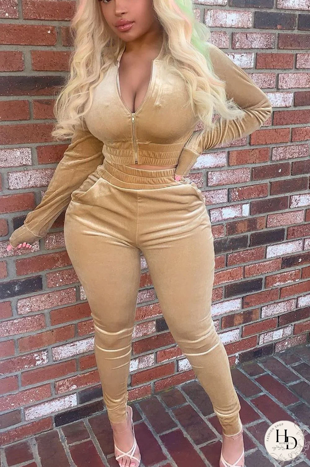 Black Green Street Pleuche Solid V Neck Long Sleeve Regular Sleeve Regular Two Pieces