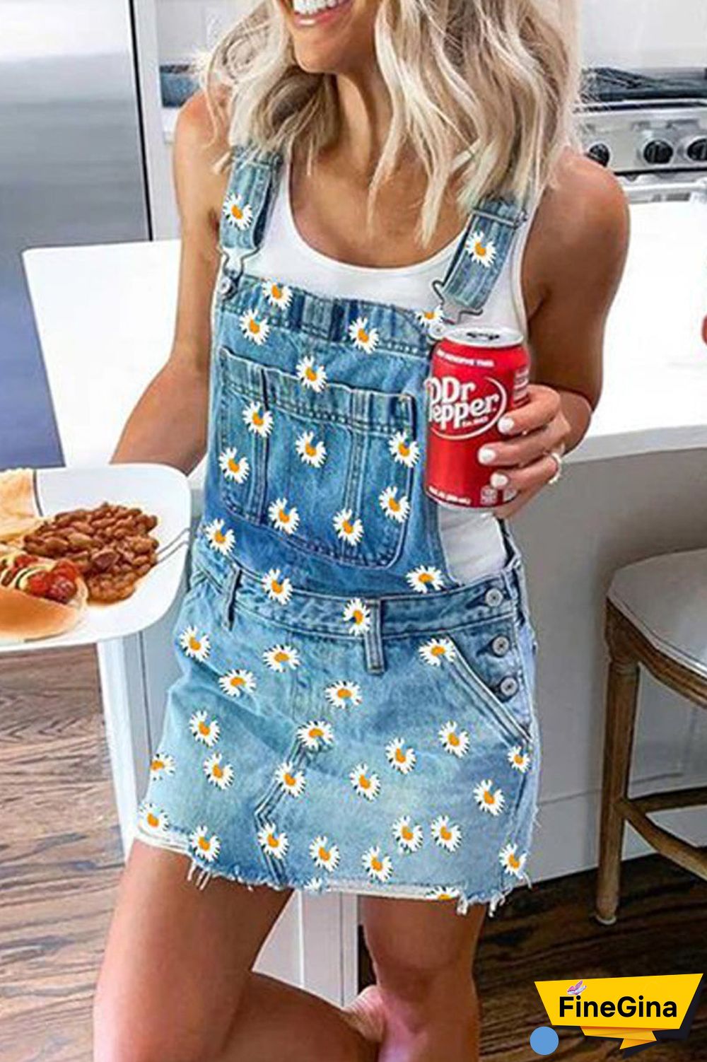 Denim Floral Printed Pocket Mini Dress