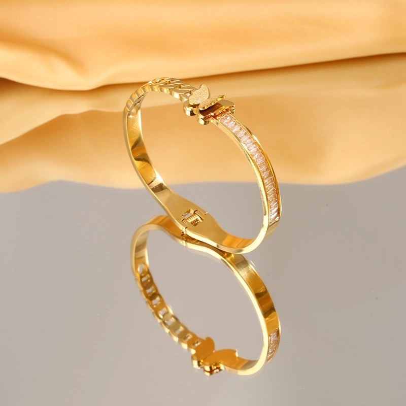 Casual Minimalist Round Heart Shape Butterfly Titanium Steel Zircon Bangle In Bulk