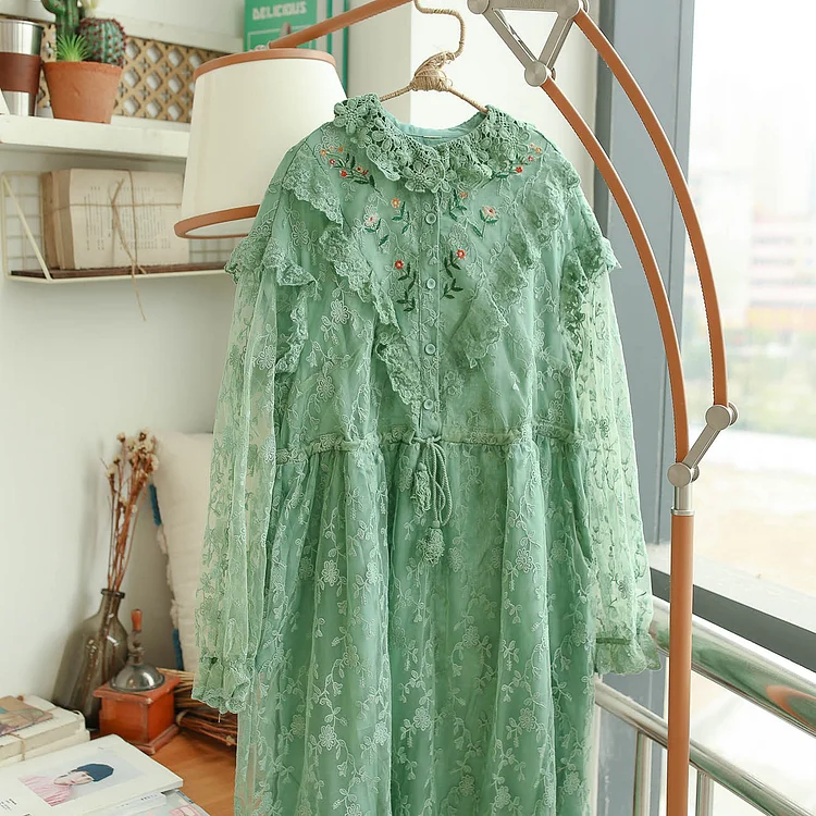 Queenfunky cottagecore style Spring Lace Embroidered Dress QueenFunky
